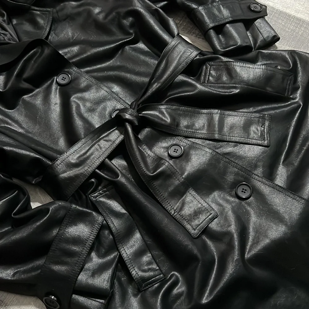 Vintage Robbie Sport Black Shimmery Trench Coat Shoulder Pads Epaulets women’s 6 - Picture 3 of 8